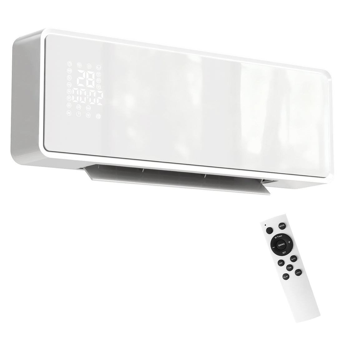 white wall-mounted ceramic fan heater with glass panel