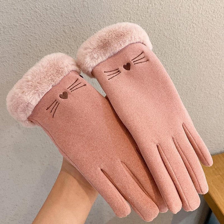 Pink suede look gloves with cat face