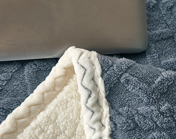 Thick sherpa fleece blanket folded on bed
