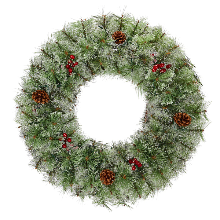 Pre-lit Christmas wreath on front door