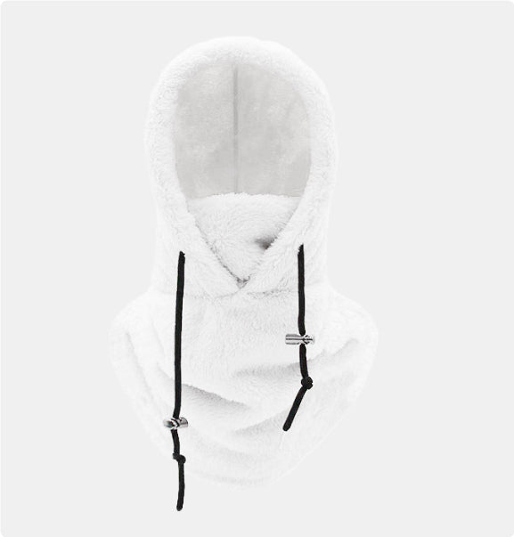 Woman wearing beige plush hood with scarf