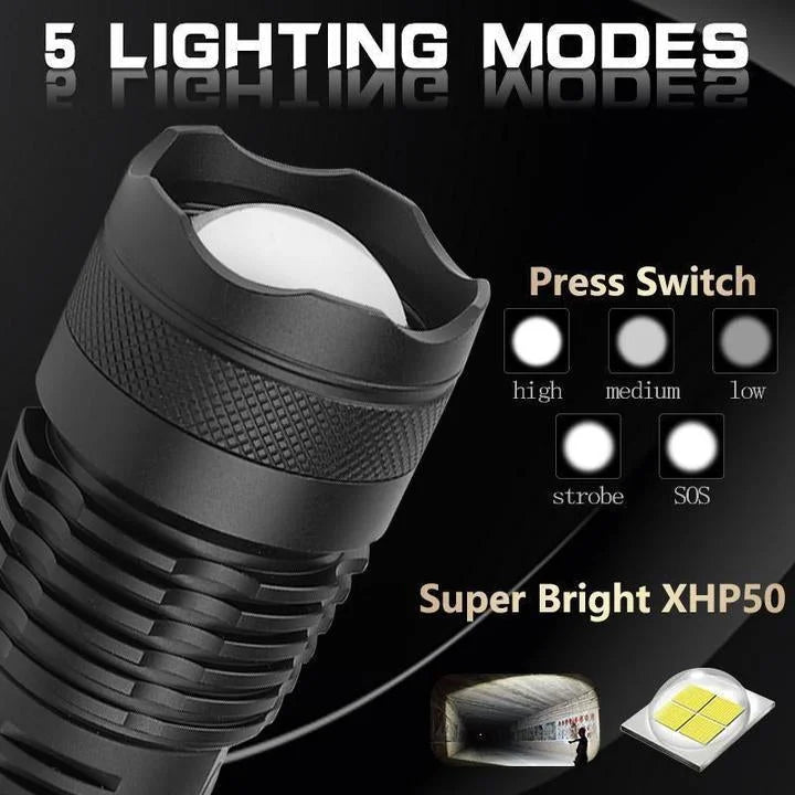 Harwelton™ Rechargeable XHP50 LED Torch with Zoom and Battery Display