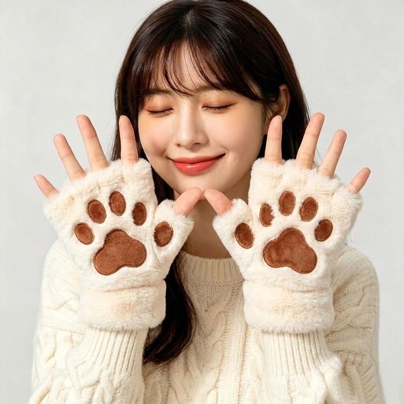 White plush cat paw heated fingerless gloves
