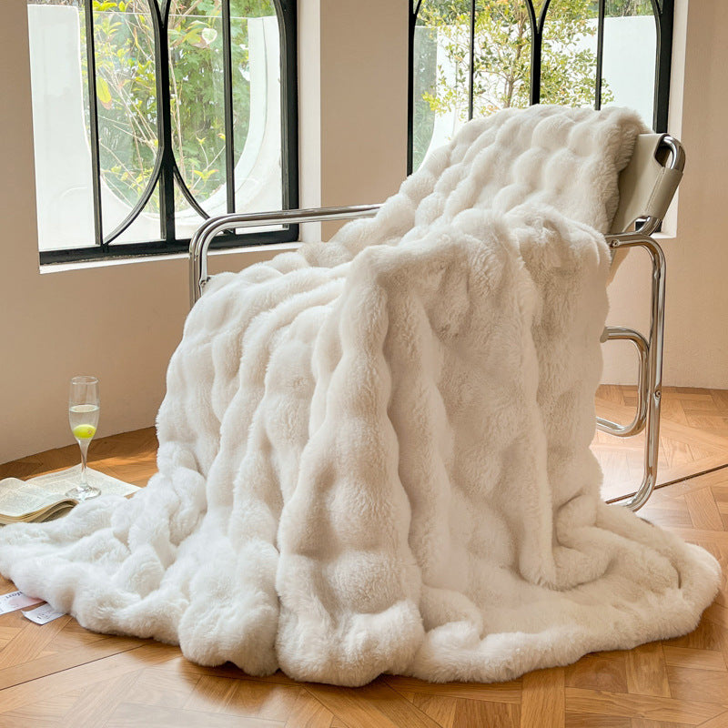 Cream bubble texture faux fur throw blanket