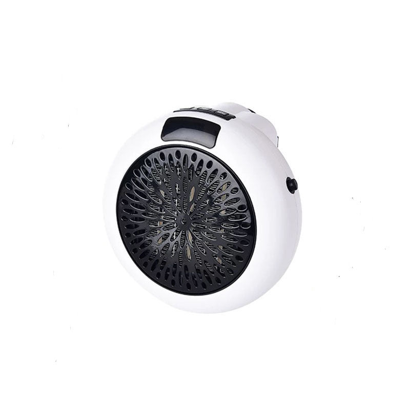 Compact white heater plugged into wall socket