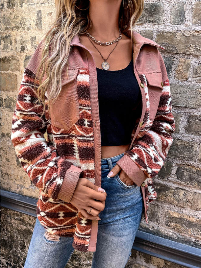 Harwelton Shacket Coat with Geometric Print Sleeves and Flap Pockets