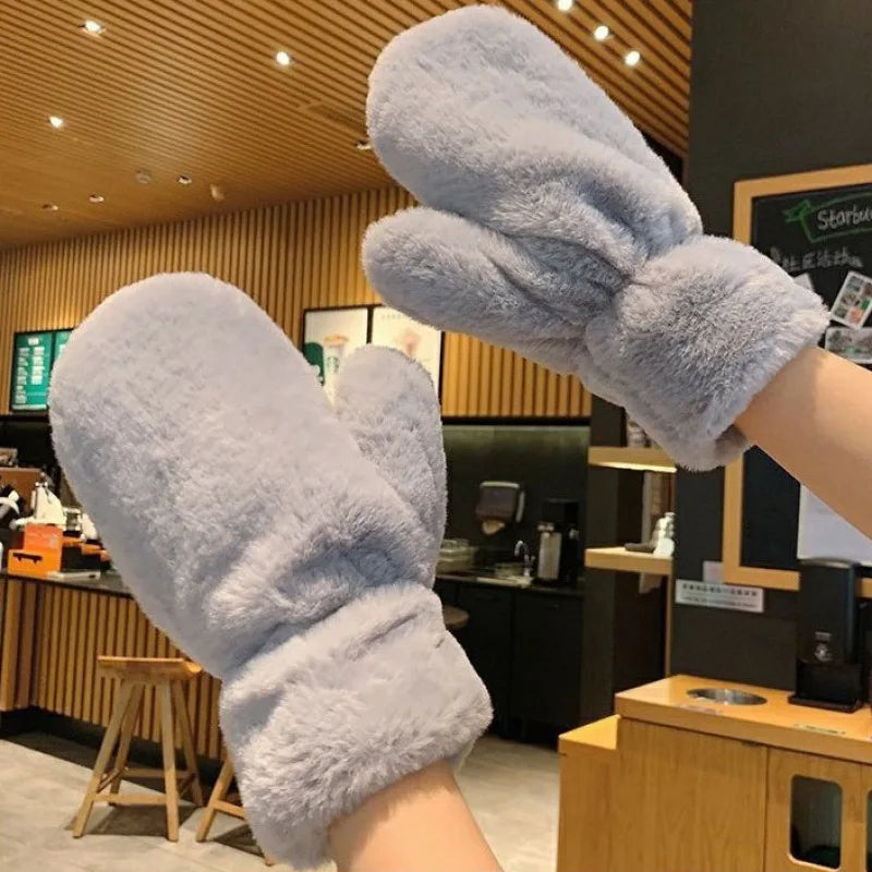 Thick Plush Winter Mittens with Stretchy Fluffy Cuffs