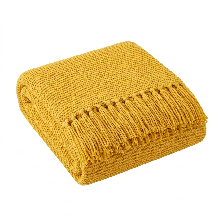 Chunky Knit Throw Blanket with Tassel Edges in Soft Acrylic