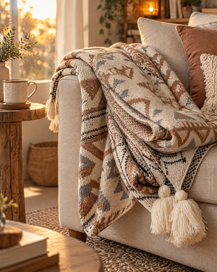 Boho Knit Throw Blanket with Tassels – Soft Beige Knitted Throw for Couch &amp; Bed, Lap or Throw Size