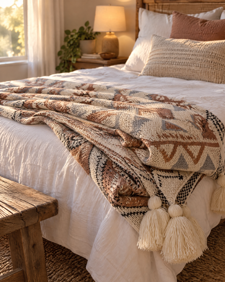 Boho Knit Throw Blanket with Tassels – Soft Beige Knitted Throw for Couch &amp; Bed, Lap or Throw Size