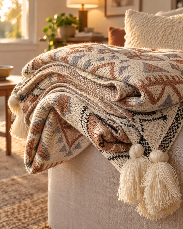 Boho Knit Throw Blanket with Tassels – Soft Beige Knitted Throw for Couch &amp; Bed, Lap or Throw Size