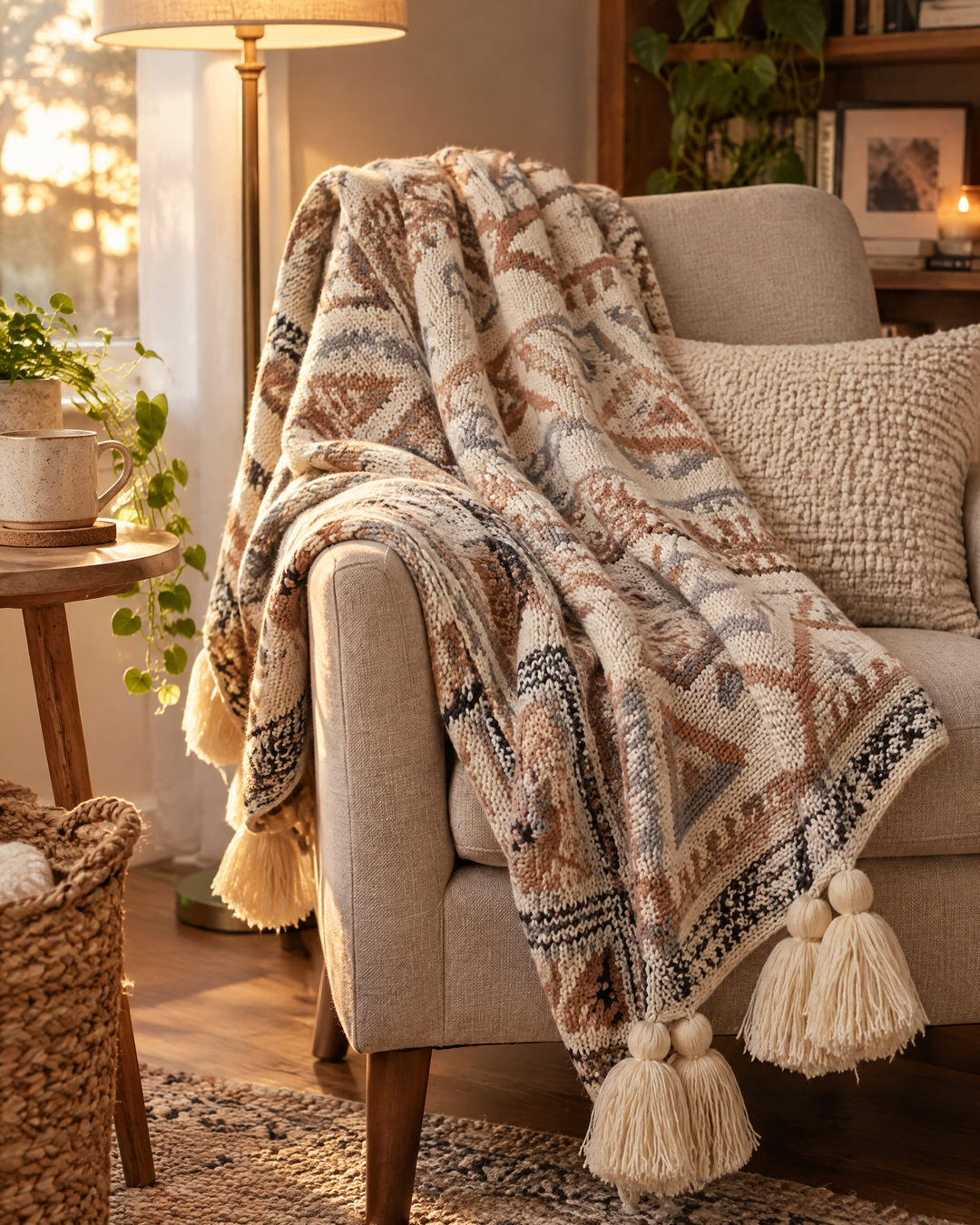 Boho Knit Throw Blanket with Tassels – Soft Beige Knitted Throw for Couch &amp; Bed, Lap or Throw Size