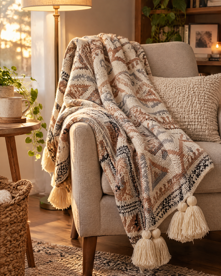 Boho Knit Throw Blanket with Tassels – Soft Beige Knitted Throw for Couch &amp; Bed, Lap or Throw Size