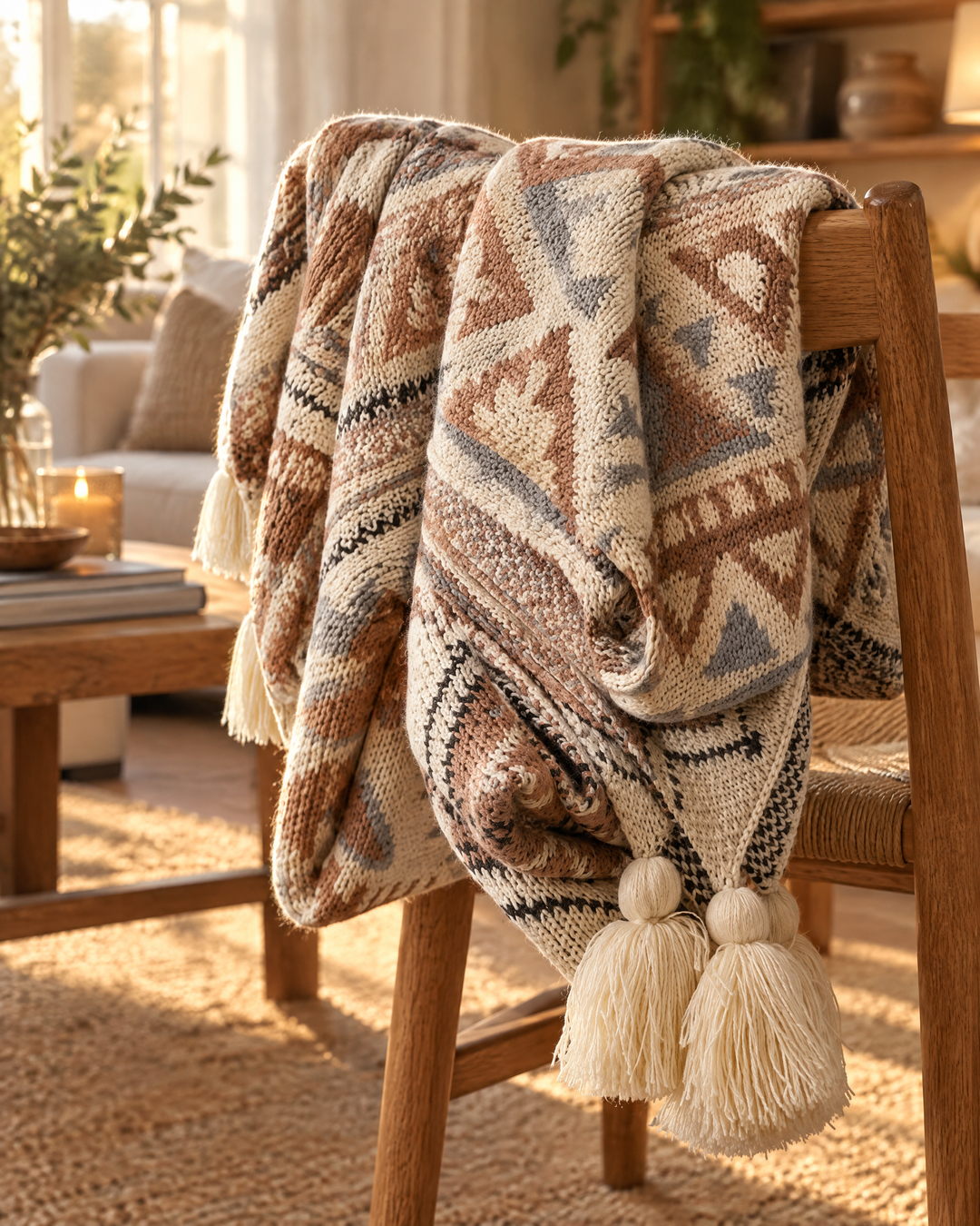 Boho Knit Throw Blanket with Tassels – Soft Beige Knitted Throw for Couch &amp; Bed, Lap or Throw Size