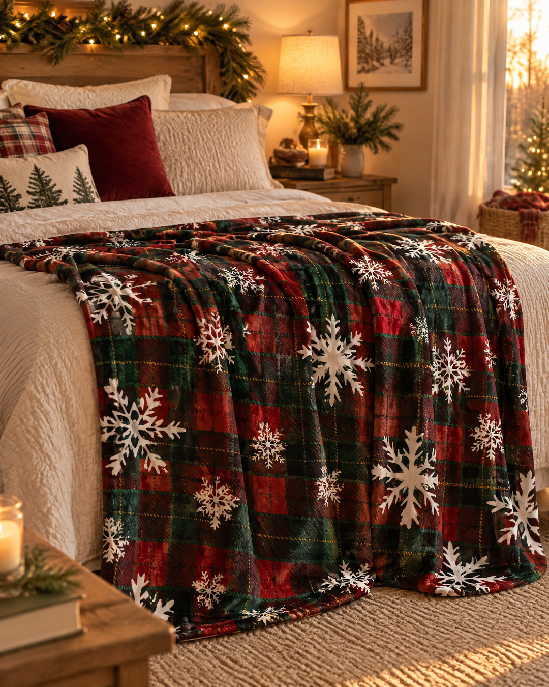 Harwelton™ Christmas Buffalo Check Fleece Throw with Snowflakes