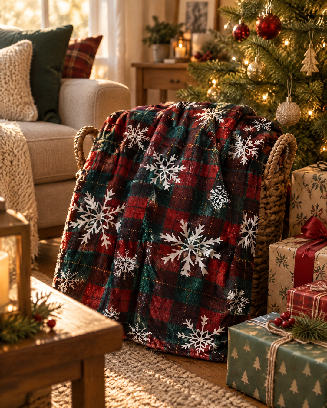 Harwelton™ Christmas Buffalo Check Fleece Throw with Snowflakes