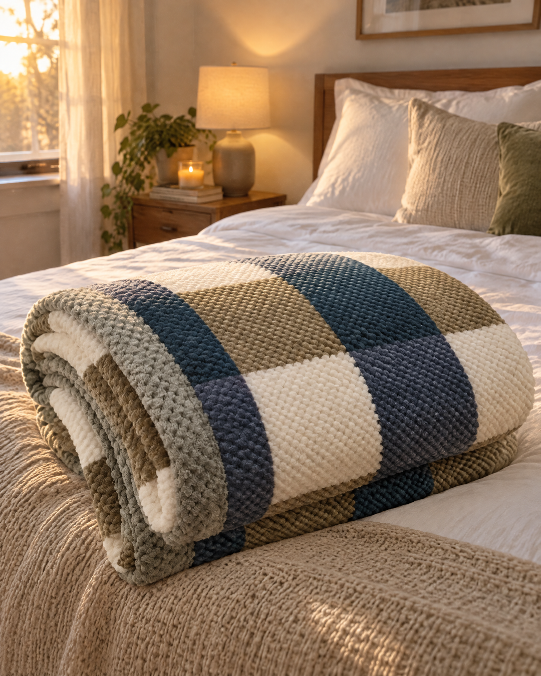 Chunky Knit Throw Blanket – Chenille Checkered Knitted Blanket 47x79 in for Couch &amp; Bed, Machine Washable