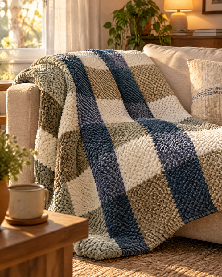 Chunky Knit Throw Blanket – Chenille Checkered Knitted Blanket 47x79 in for Couch &amp; Bed, Machine Washable