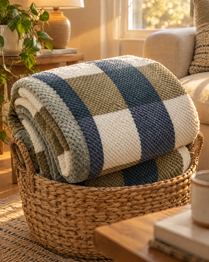 Chunky Knit Throw Blanket – Chenille Checkered Knitted Blanket 47x79 in for Couch &amp; Bed, Machine Washable