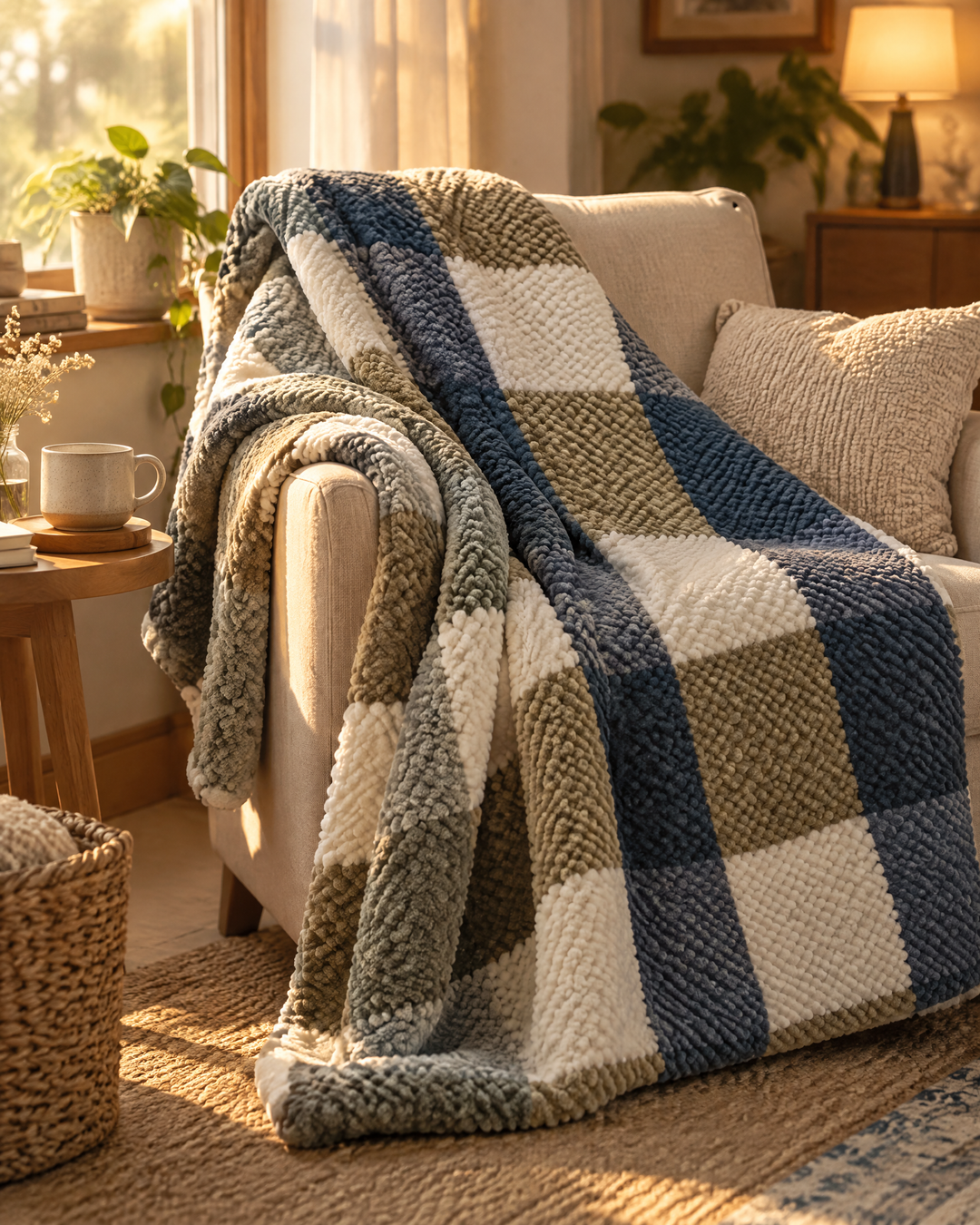 Chunky Knit Throw Blanket – Chenille Checkered Knitted Blanket 47x79 in for Couch &amp; Bed, Machine Washable