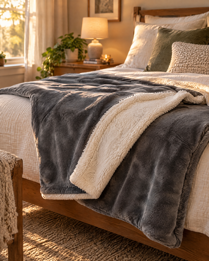 Velvety Fleece and Sherpa Reversible Throw Blanket