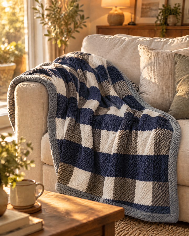 Chunky Knit Throw Blanket – Chenille Checkered Knitted Blanket 47x79 in for Couch &amp; Bed, Machine Washable