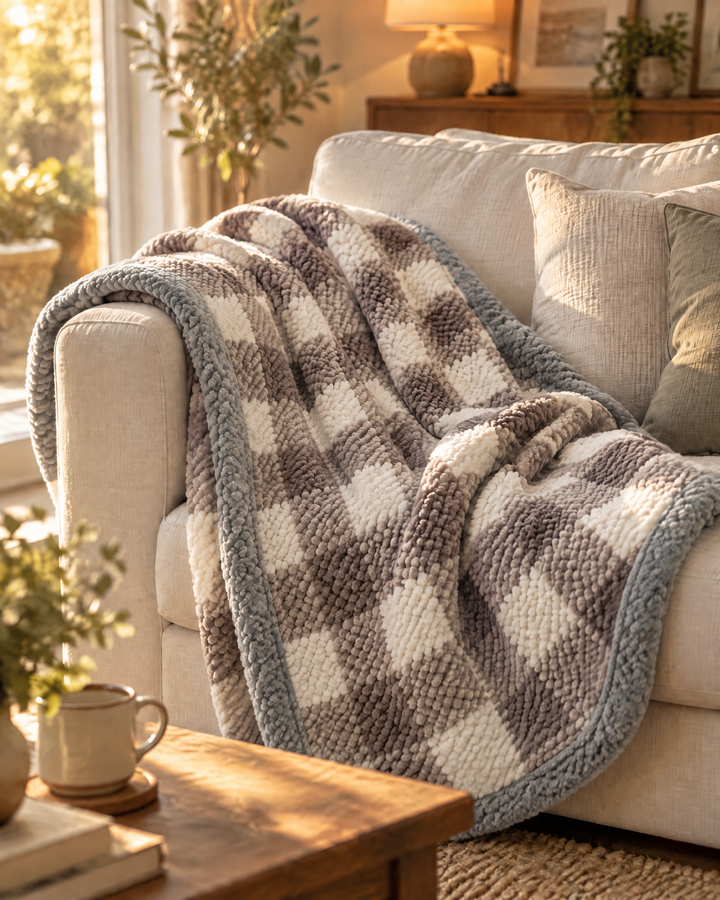 Chunky Knit Throw Blanket – Chenille Checkered Knitted Blanket 47x79 in for Couch &amp; Bed, Machine Washable