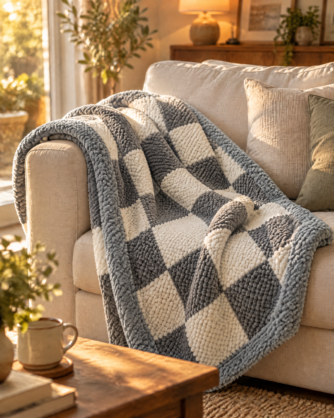 Chunky Knit Throw Blanket – Chenille Checkered Knitted Blanket 47x79 in for Couch &amp; Bed, Machine Washable