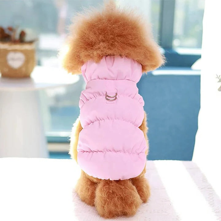Fleece-Lined Winter Dog Jacket with Leash Ring and High Collar