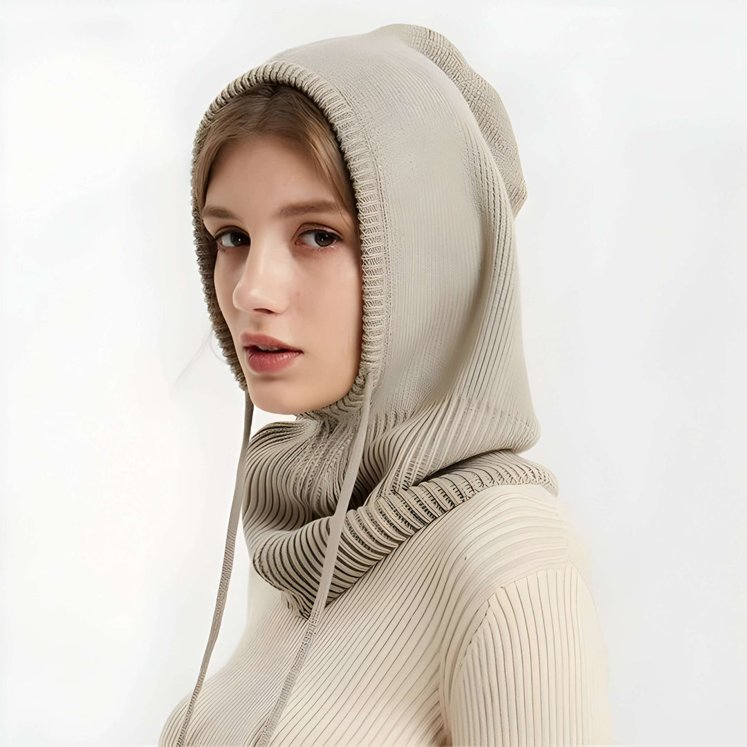 Cashmere-Feel Knitted Hood Hat with Adjustable Drawstring
