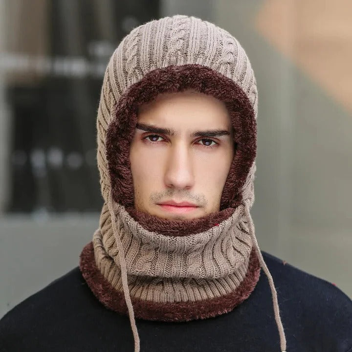 Fleece-Lined Knit Balaclava Hat with Built-In Scarf