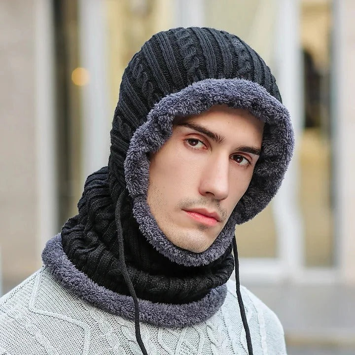 Fleece-Lined Knit Balaclava Hat with Built-In Scarf