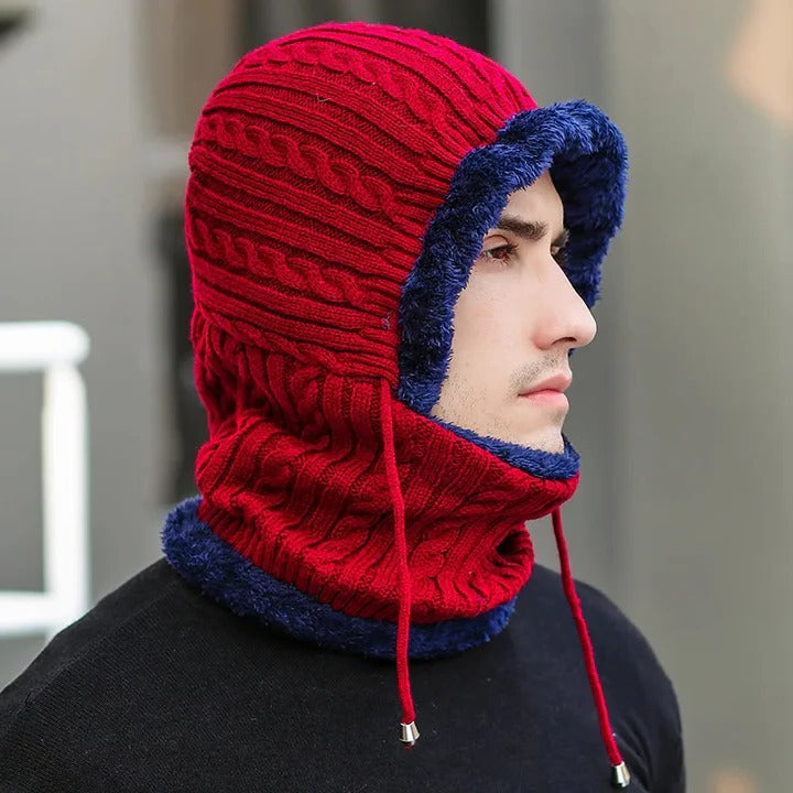 Fleece-Lined Knit Balaclava Hat with Built-In Scarf