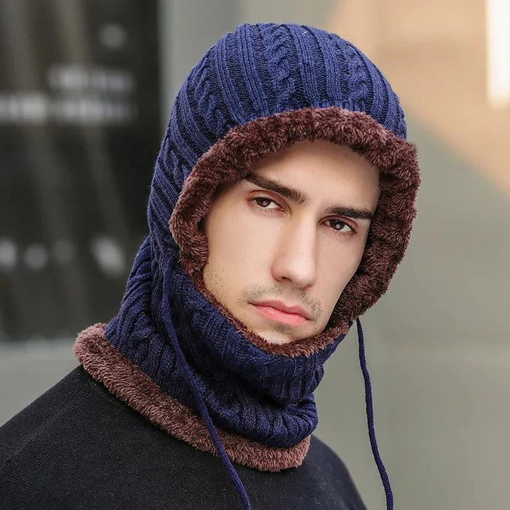 Fleece-Lined Knit Balaclava Hat with Built-In Scarf