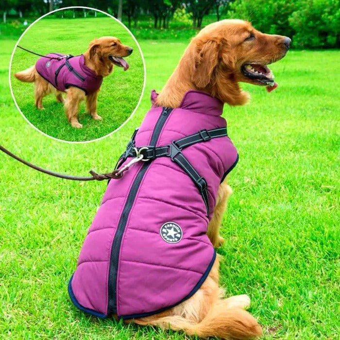 Waterproof Winter Dog Coat with Sherpa Lining and Built-in Harness