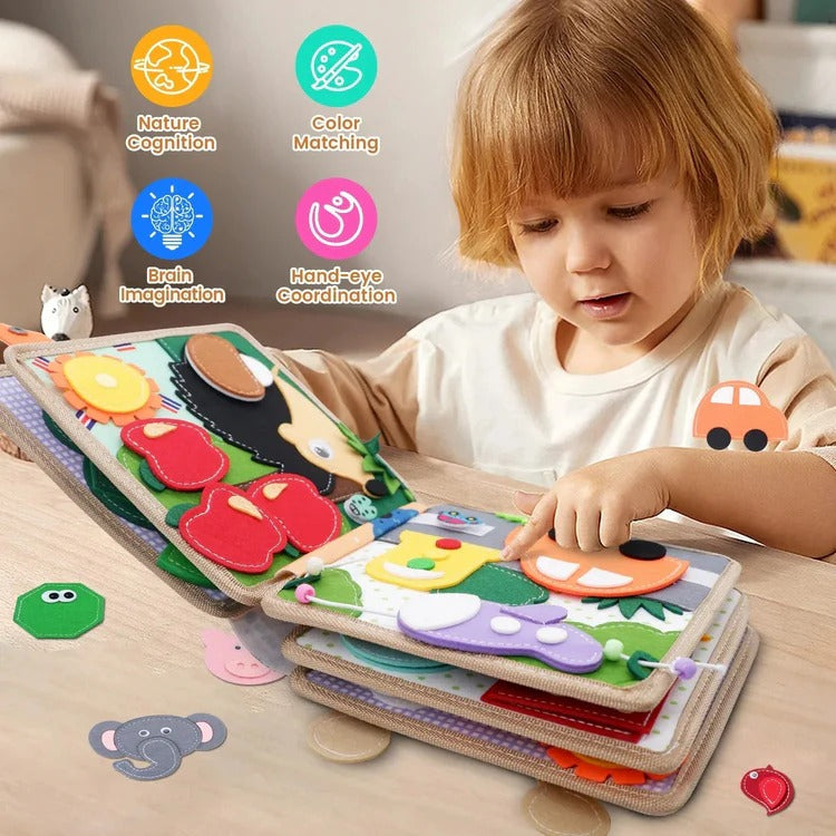 Sensory Busy Book for Toddlers with Buttons, Zips and Tabs