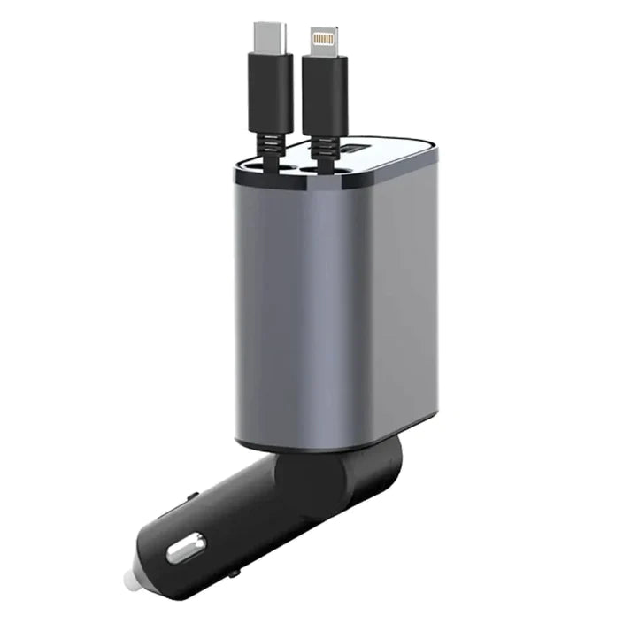 Dual Retractable Car Charger with Lightning and USB-C Cables