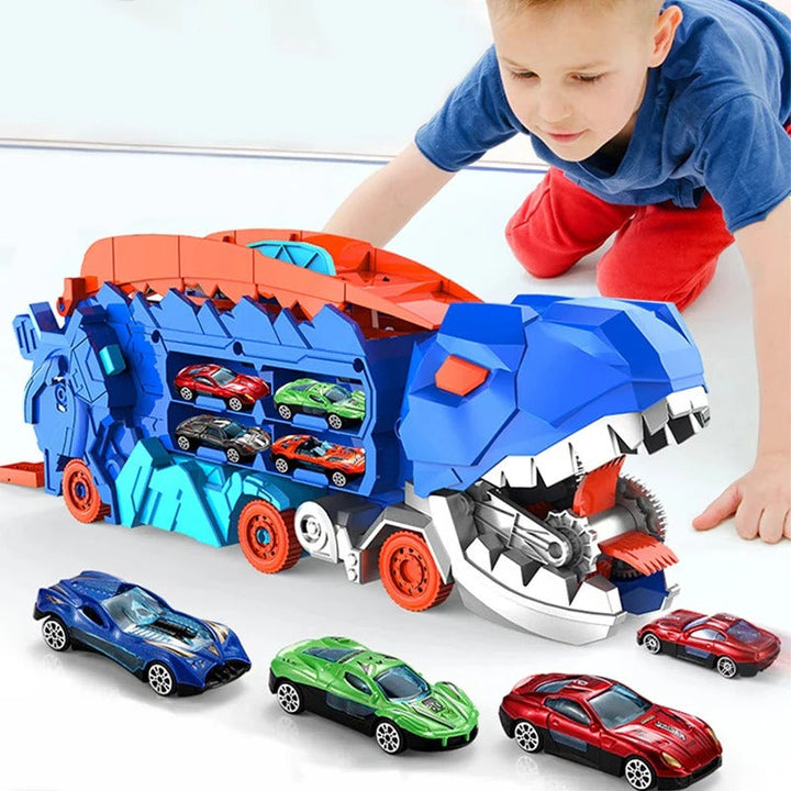 2-in-1 Dinosaur Transporter Truck with Racing Tracks and 8 Cars