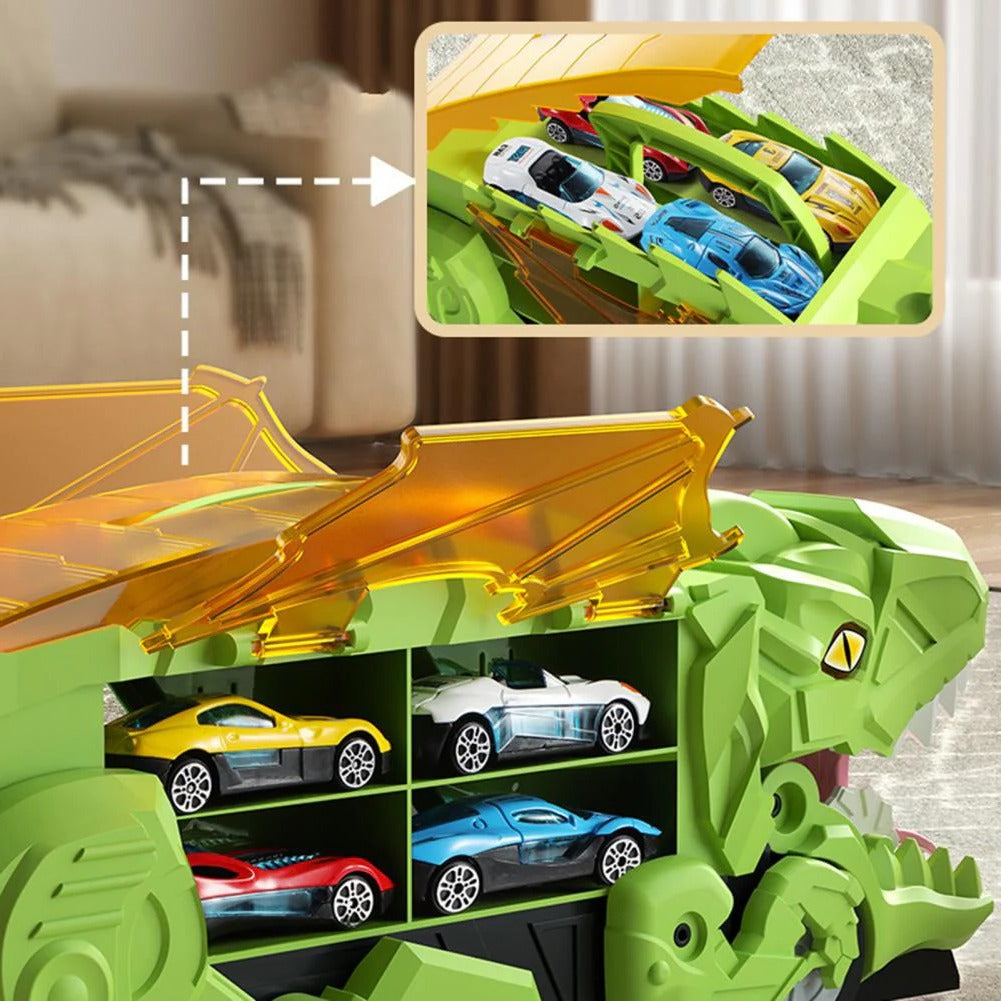 2-in-1 Dinosaur Transporter Truck with Racing Tracks and 8 Cars