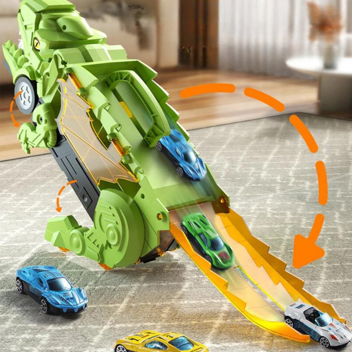 2-in-1 Dinosaur Transporter Truck with Racing Tracks and 8 Cars