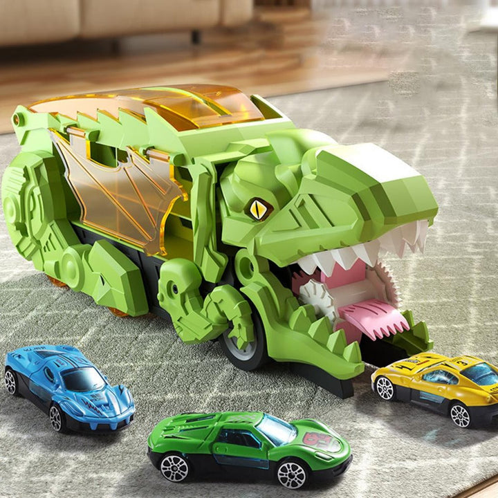 2-in-1 Dinosaur Transporter Truck with Racing Tracks and 8 Cars