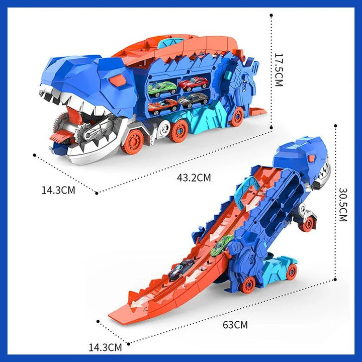 2-in-1 Dinosaur Transporter Truck with Racing Tracks and 8 Cars