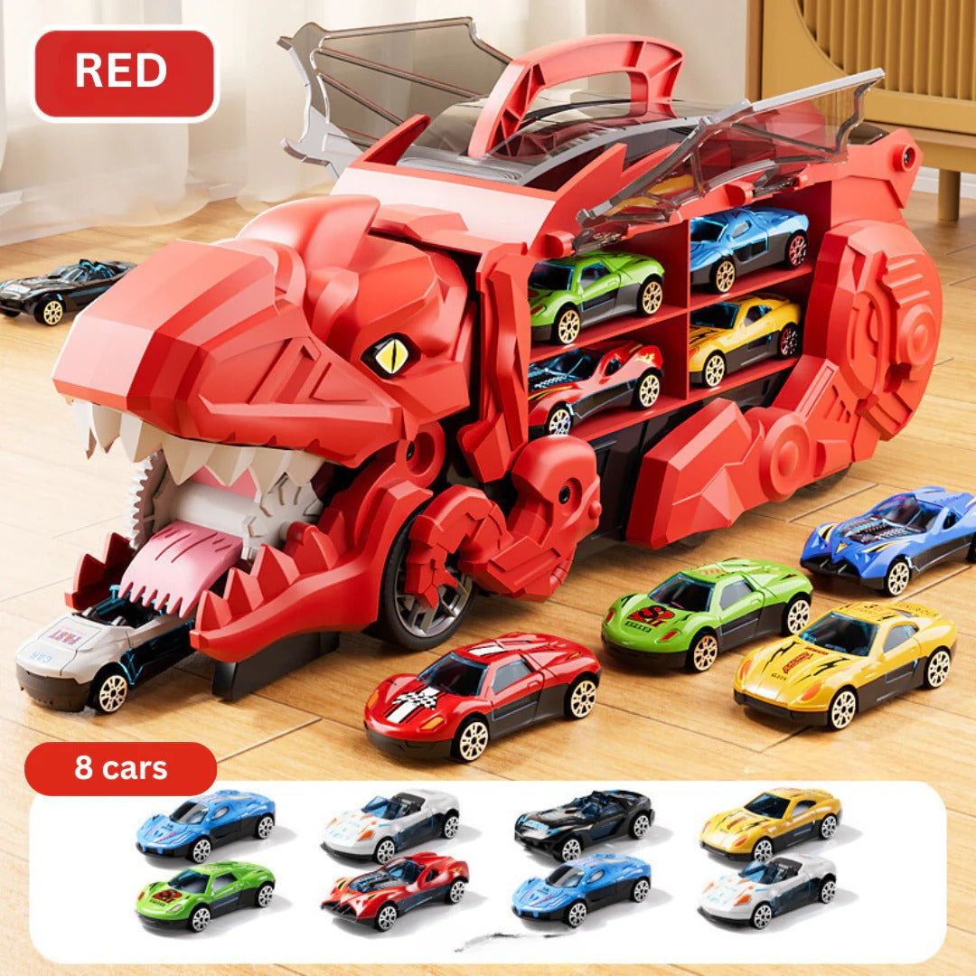 2-in-1 Dinosaur Transporter Truck with Racing Tracks and 8 Cars