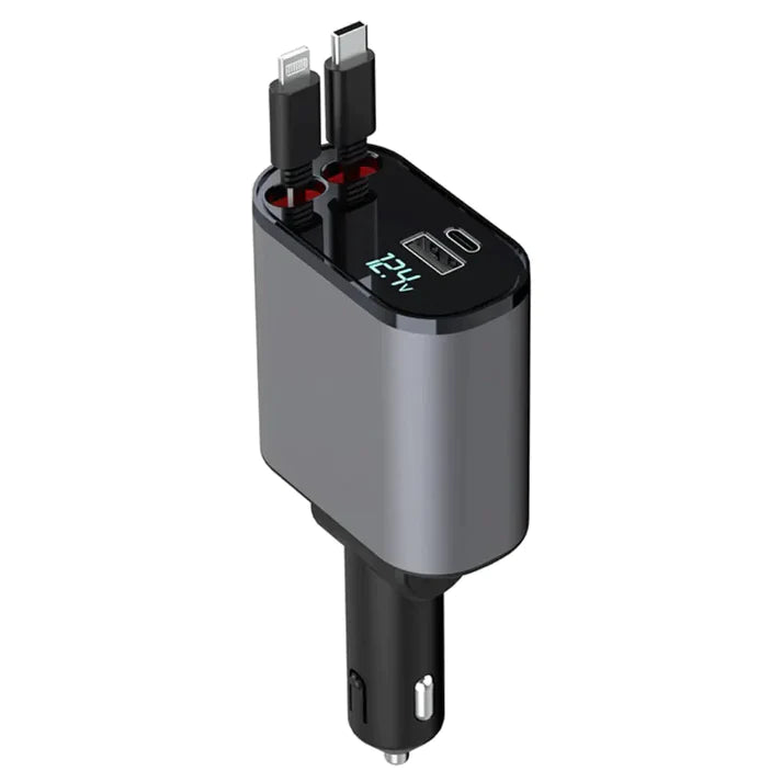Dual Retractable Car Charger with Lightning and USB-C Cables