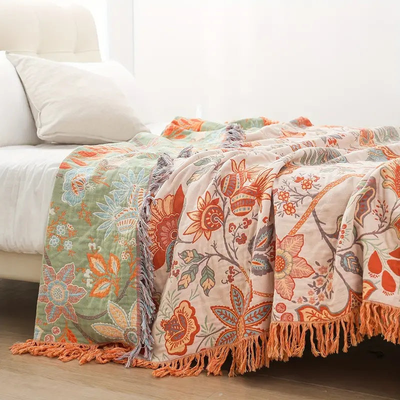 Boho Floral Cotton Throw with Fringe in Cream and Orange