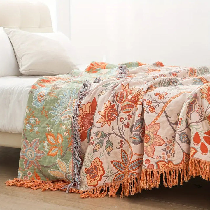 Boho Floral Cotton Throw with Fringe in Cream and Orange