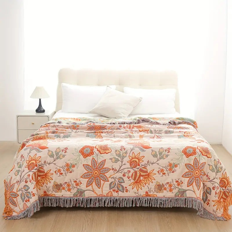 Boho Floral Cotton Throw with Fringe in Cream and Orange