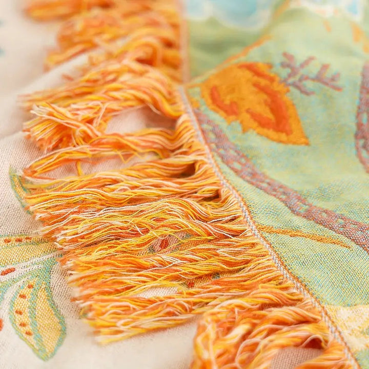 Boho Floral Cotton Throw with Fringe in Cream and Orange