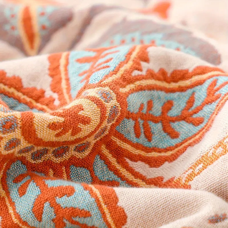 Boho Floral Cotton Throw with Fringe in Cream and Orange