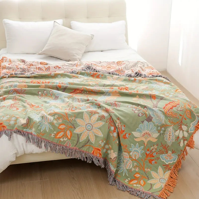 Boho Floral Cotton Throw with Fringe in Cream and Orange